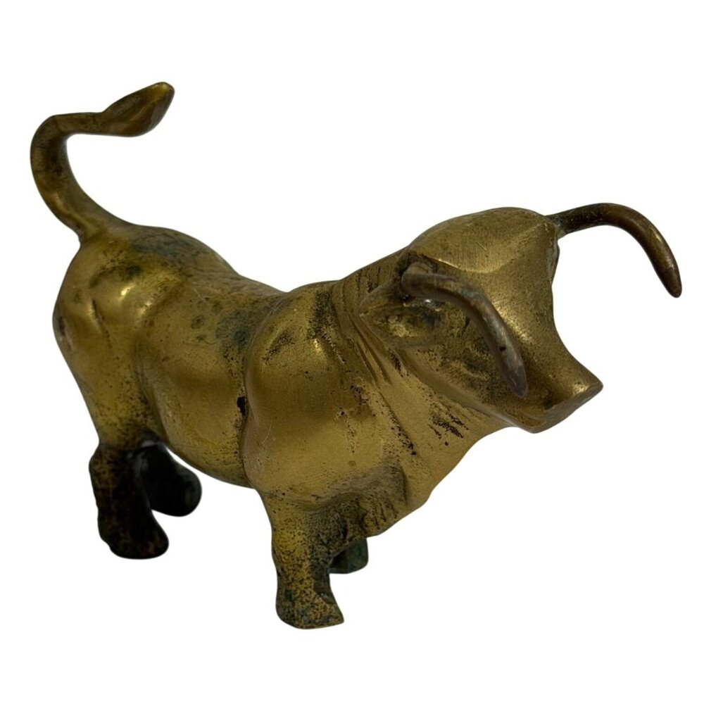 Vintage Solid Brass Bull Figurine Statue Paperweight Patina Running of the Bulls